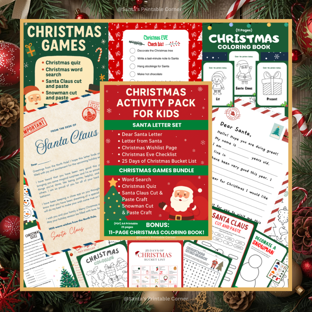 BEST VALUE! 25 Pages - Christmas Activity Pack for Kids 🎁 INCLUDES BONUS 11-Page Coloring Book (worth almost as much as the pack itself!)) 🎨 ✍️