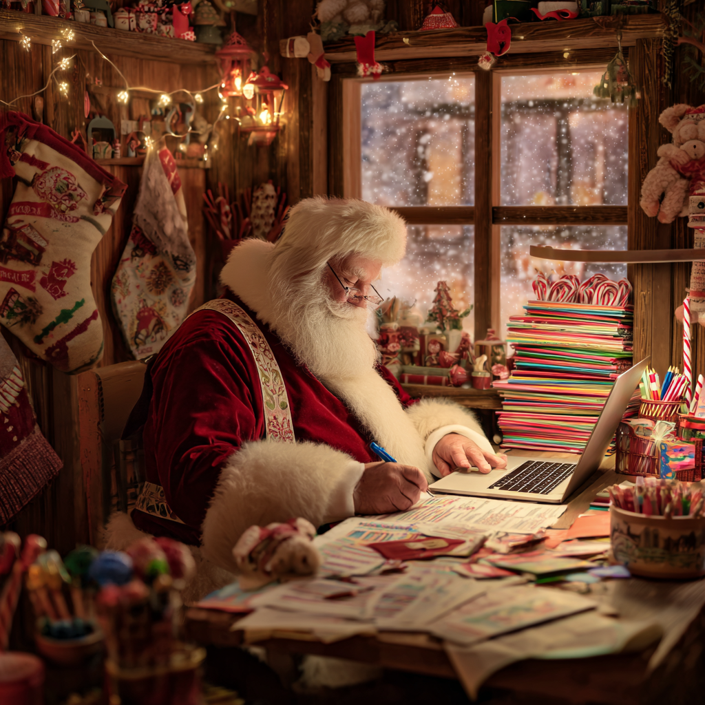 Santa Claus working at a desk with a laptop, surrounded by Christmas decorations.
